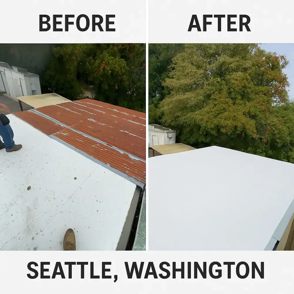 Commercial flat roof before and after membrane replacement in Seattle