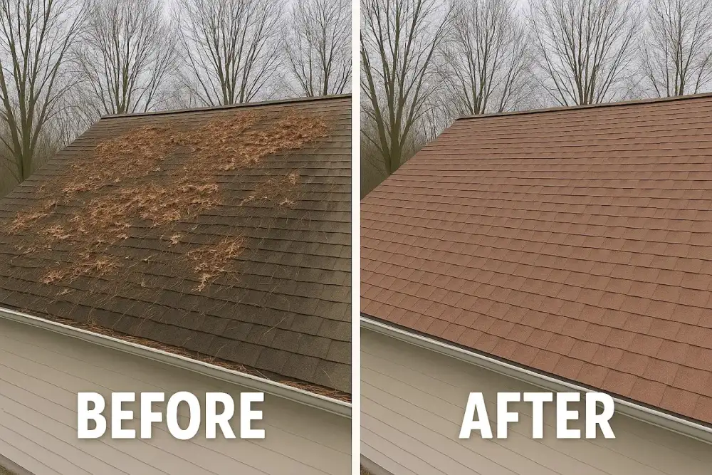 Moss removal before and after on a Redmond composition roof